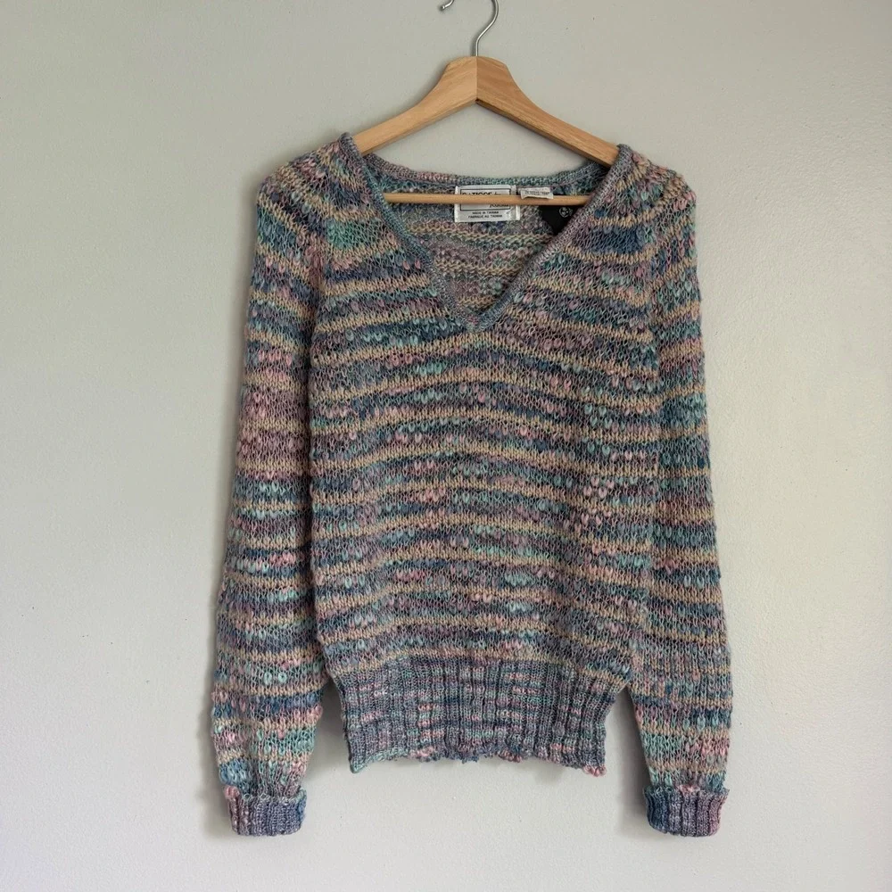 Vintage Satisse‎ Pastel Knit V-Neck Sweater Pink Blue M Grandmacore Cottagecore